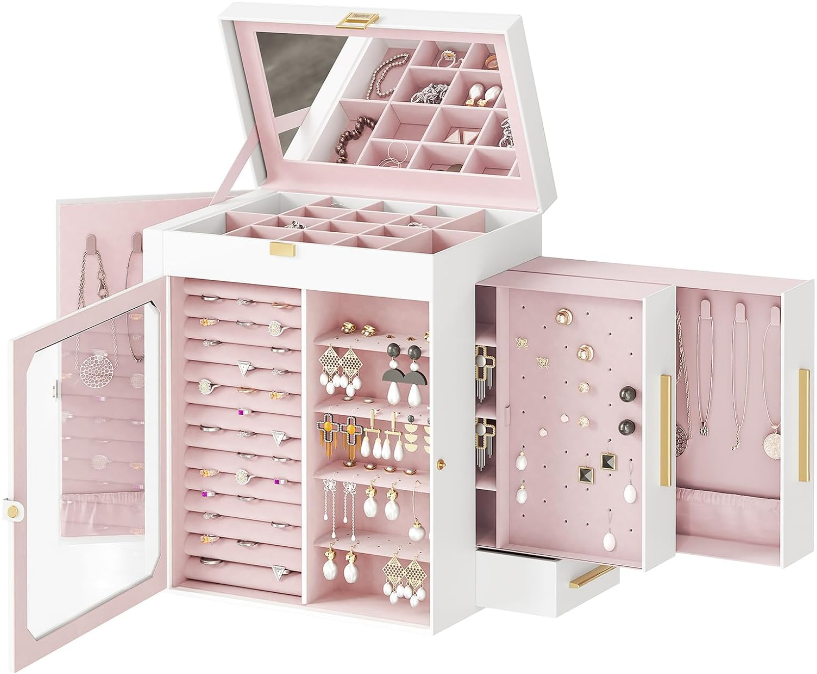 Jewelry Box with Mirror, Travel Jewelry Organizer with Glass Window, Vertical Storage, Christmas Gift, Gift for Loved Ones, for Earrings, Rings, Necklaces, Bracelets, White WT03JB04G2