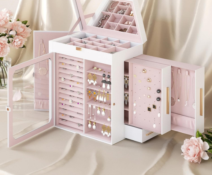 Jewelry Box with Mirror, Travel Jewelry Organizer with Glass Window, Vertical Storage, Christmas Gift, Gift for Loved Ones, for Earrings, Rings, Necklaces, Bracelets, White WT03JB04G2