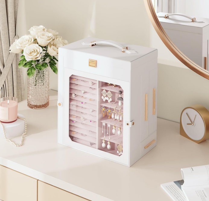 Jewelry Box with Mirror, Travel Jewelry Organizer with Glass Window, Vertical Storage, Christmas Gift, Gift for Loved Ones, for Earrings, Rings, Necklaces, Bracelets, White WT03JB04G2
