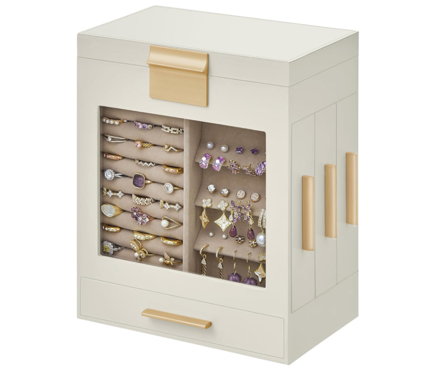 Jewelry Box with Glass Window, 5-Layer Jewelry Organizer with 3 Side Drawers, Jewelry Storage, with Big Mirror, Mother's Day Gifts, 5.1 x 7.9 x 9.7 Inches, Cloud White and Metallic Gold