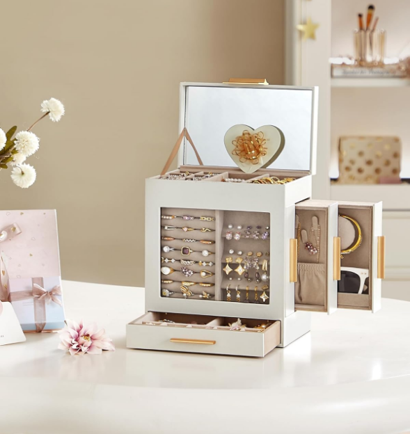 Jewelry Box with Glass Window, 5-Layer Jewelry Organizer with 3 Side Drawers, Jewelry Storage, with Big Mirror, Mother's Day Gifts, 5.1 x 7.9 x 9.7 Inches, Cloud White and Metallic Gold