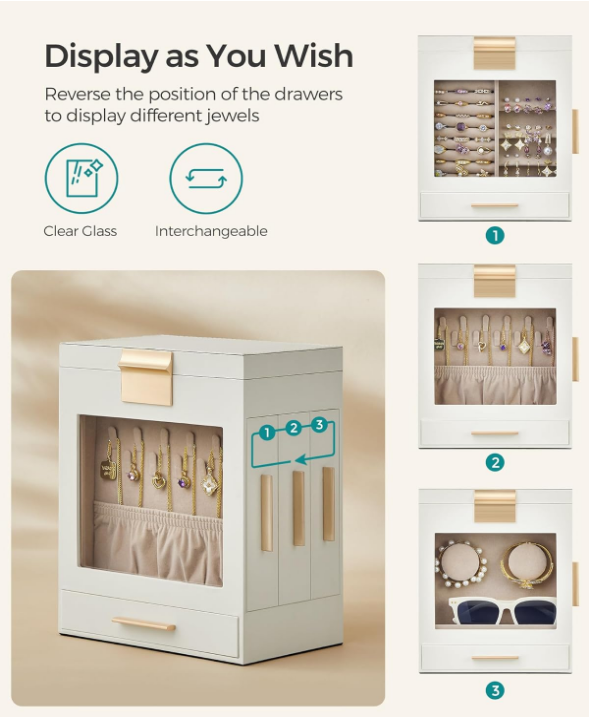 Jewelry Box with Glass Window, 5-Layer Jewelry Organizer with 3 Side Drawers, Jewelry Storage, with Big Mirror, Mother's Day Gifts, 5.1 x 7.9 x 9.7 Inches, Cloud White and Metallic Gold