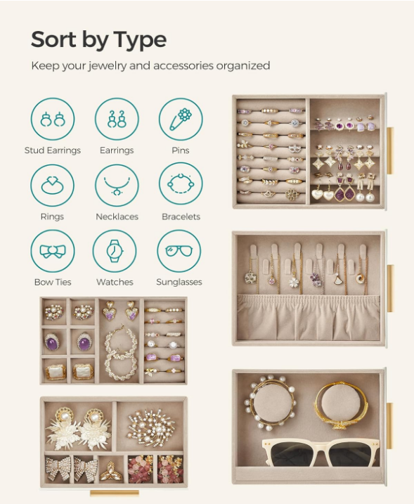 Jewelry Box with Glass Window, 5-Layer Jewelry Organizer with 3 Side Drawers, Jewelry Storage, with Big Mirror, Mother's Day Gifts, 5.1 x 7.9 x 9.7 Inches, Cloud White and Metallic Gold