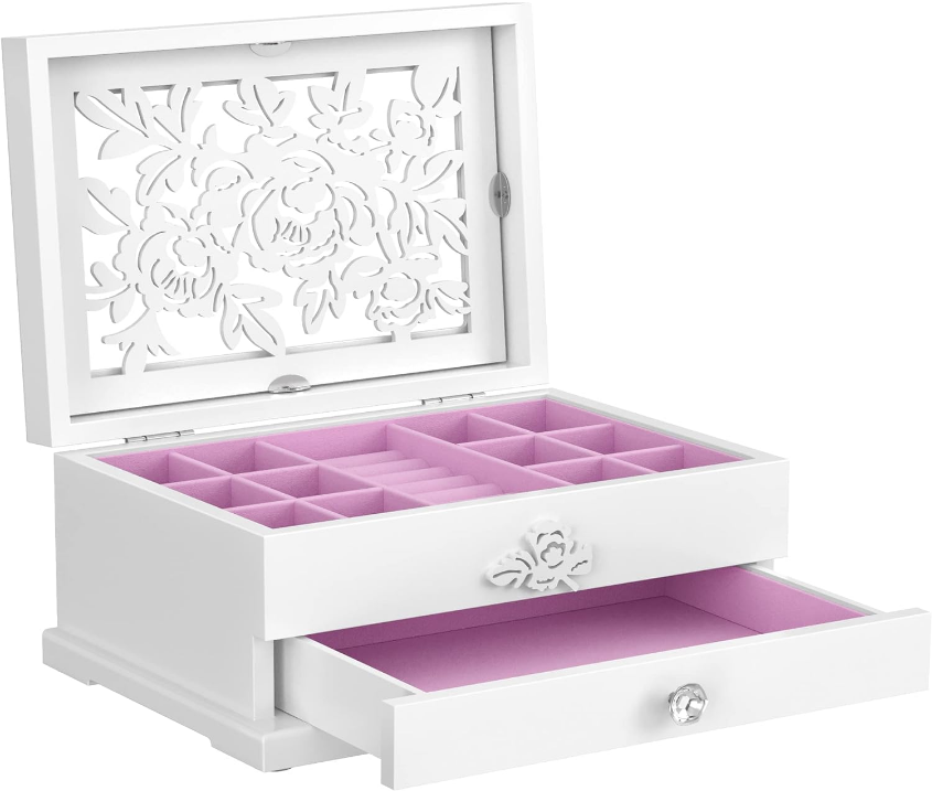 Jewelry Box, 2-Tier Jewelry Organizer with Flower Carvings, Drawer, Gift for Loved Ones, Kids, Jewelry Storage Case for Rings, Earrings, Necklaces, Bracelets, White UJOW201