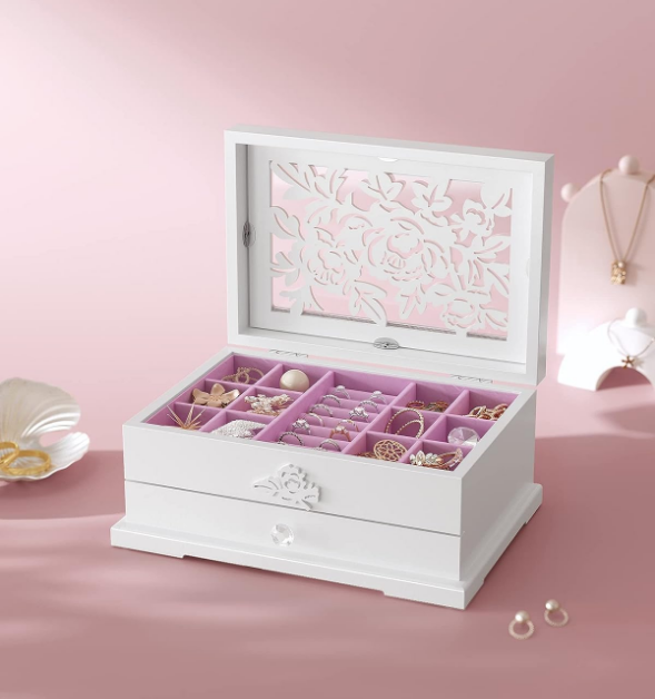 Jewelry Box, 2-Tier Jewelry Organizer with Flower Carvings, Drawer, Gift for Loved Ones, Kids, Jewelry Storage Case for Rings, Earrings, Necklaces, Bracelets, White UJOW201