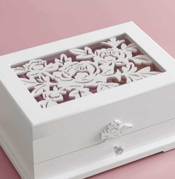 Jewelry Box, 2-Tier Jewelry Organizer with Flower Carvings, Drawer, Gift for Loved Ones, Kids, Jewelry Storage Case for Rings, Earrings, Necklaces, Bracelets, White UJOW201