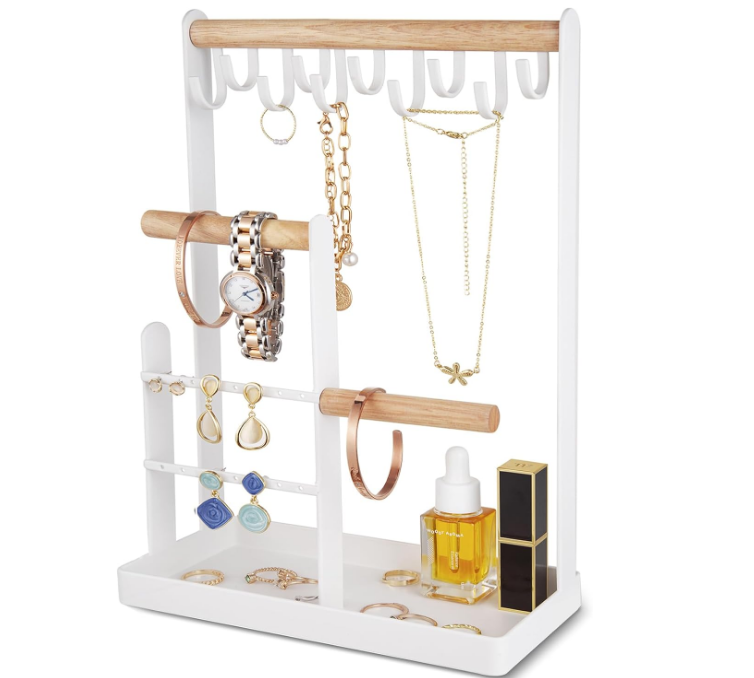 Jewelry Organizer Jewelry Stand Jewelry Holder Organizer, 4-Tier Necklace Organizer with Ring Tray, Small Cute Aesthetic Jewelry Tower Storage Rack Tree for Bracelets Earrings Rings -White