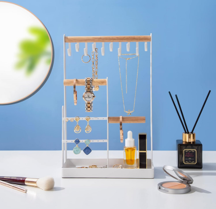Jewelry Organizer Jewelry Stand Jewelry Holder Organizer, 4-Tier Necklace Organizer with Ring Tray, Small Cute Aesthetic Jewelry Tower Storage Rack Tree for Bracelets Earrings Rings -White