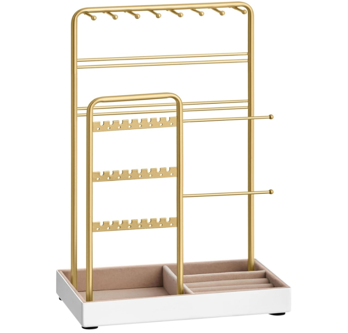 Jewelry Holder, Jewelry Organizer, Jewelry Display Stand with Metal Frame and Velvet Tray, Necklace Earring Bracelet Holder, for Studs, Rings, Gift Idea, Gold Color