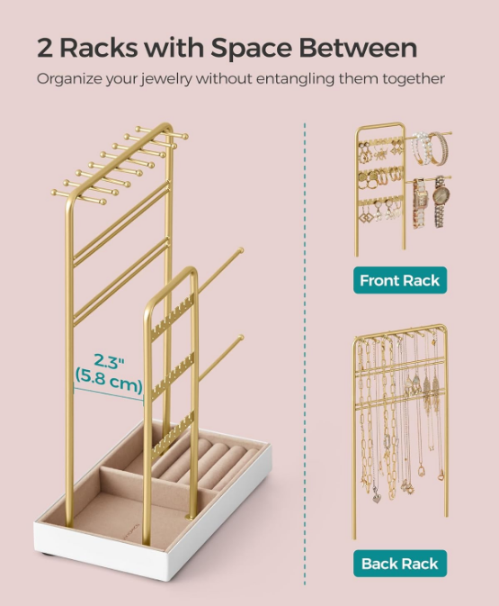 Jewelry Holder, Jewelry Organizer, Jewelry Display Stand with Metal Frame and Velvet Tray, Necklace Earring Bracelet Holder, for Studs, Rings, Gift Idea, Gold Color