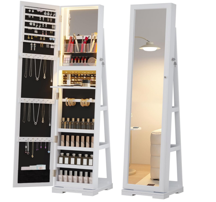 LED Jewelry Armoire with Full Length Mirror, Lockable Mirror with Storage with 3 Color Lights, 360° Swivel Jewelry Cabinet for Birthday Christmas (Pure White)