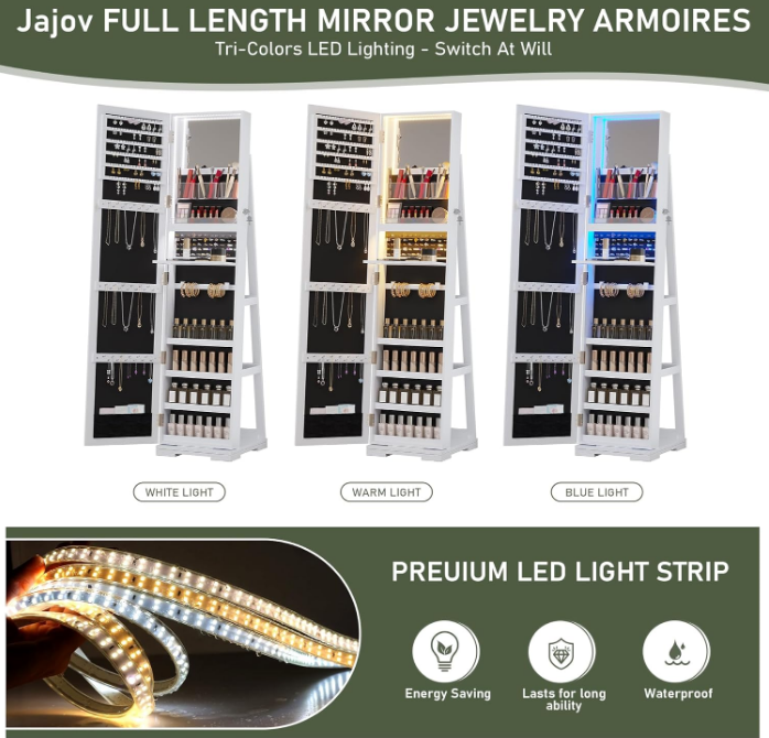 LED Jewelry Armoire with Full Length Mirror, Lockable Mirror with Storage with 3 Color Lights, 360° Swivel Jewelry Cabinet for Birthday Christmas (Pure White)