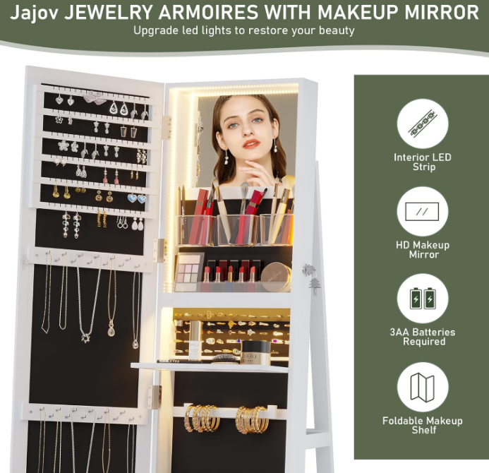 LED Jewelry Armoire with Full Length Mirror, Lockable Mirror with Storage with 3 Color Lights, 360° Swivel Jewelry Cabinet for Birthday Christmas (Pure White)