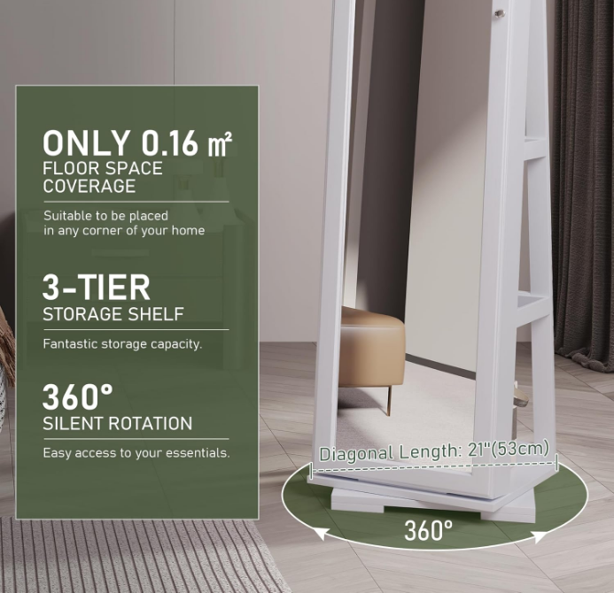 LED Jewelry Armoire with Full Length Mirror, Lockable Mirror with Storage with 3 Color Lights, 360° Swivel Jewelry Cabinet for Birthday Christmas (Pure White)