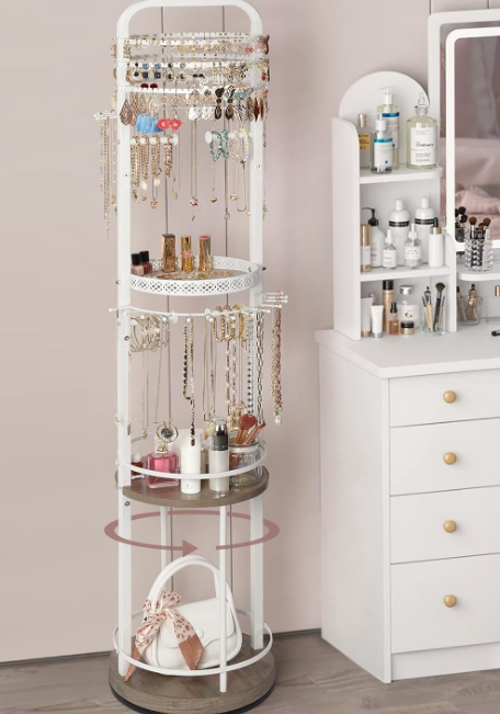 Jewelry Holder Organizer, Floor Jewelry Organizer with Earring Organizer Necklace Holder, Rotating Jewelry Stand Necklace Display Earring Storage, Large Hanging Jewelry Tree for Jewlery Bracelet Ring