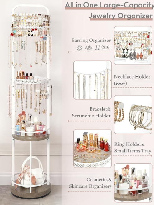 Jewelry Holder Organizer, Floor Jewelry Organizer with Earring Organizer Necklace Holder, Rotating Jewelry Stand Necklace Display Earring Storage, Large Hanging Jewelry Tree for Jewlery Bracelet Ring