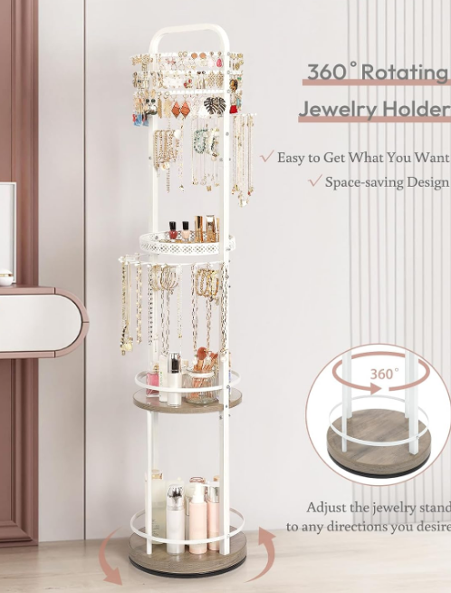 Jewelry Holder Organizer, Floor Jewelry Organizer with Earring Organizer Necklace Holder, Rotating Jewelry Stand Necklace Display Earring Storage, Large Hanging Jewelry Tree for Jewlery Bracelet Ring
