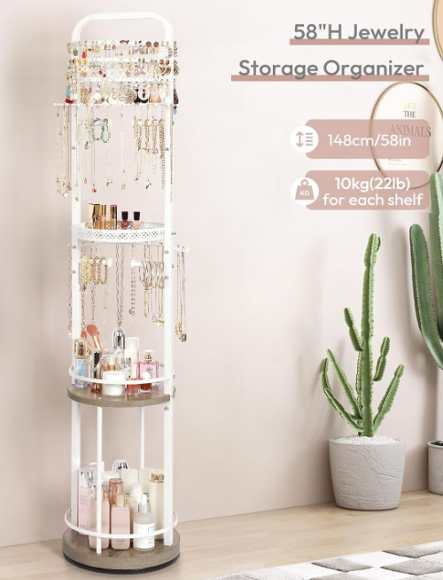 Jewelry Holder Organizer, Floor Jewelry Organizer with Earring Organizer Necklace Holder, Rotating Jewelry Stand Necklace Display Earring Storage, Large Hanging Jewelry Tree for Jewlery Bracelet Ring
