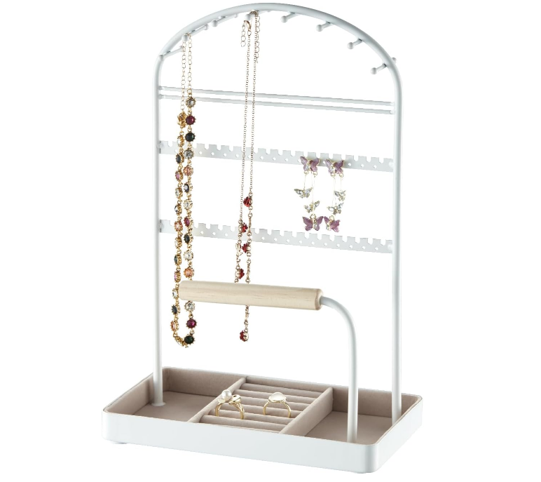 Multi-Functional Jewelry Holder Organizer Necklace Display Stand Velvet Lined Bar for Rings 2 Tier with 18 Hooks, 32 Earring Holes - Sturdy and Durable, Easy Organization White