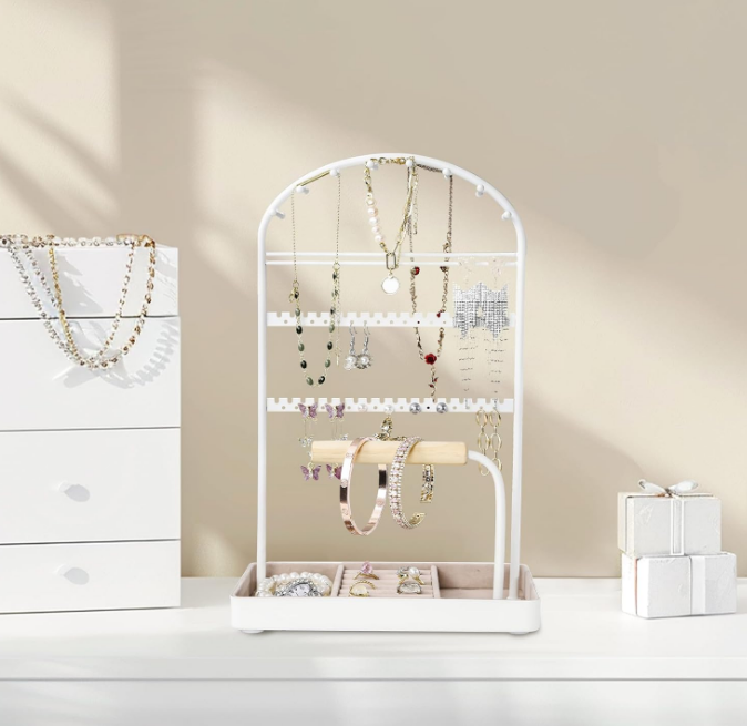 Multi-Functional Jewelry Holder Organizer Necklace Display Stand Velvet Lined Bar for Rings 2 Tier with 18 Hooks, 32 Earring Holes - Sturdy and Durable, Easy Organization White