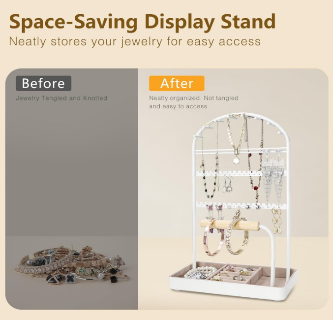 Multi-Functional Jewelry Holder Organizer Necklace Display Stand Velvet Lined Bar for Rings 2 Tier with 18 Hooks, 32 Earring Holes - Sturdy and Durable, Easy Organization White