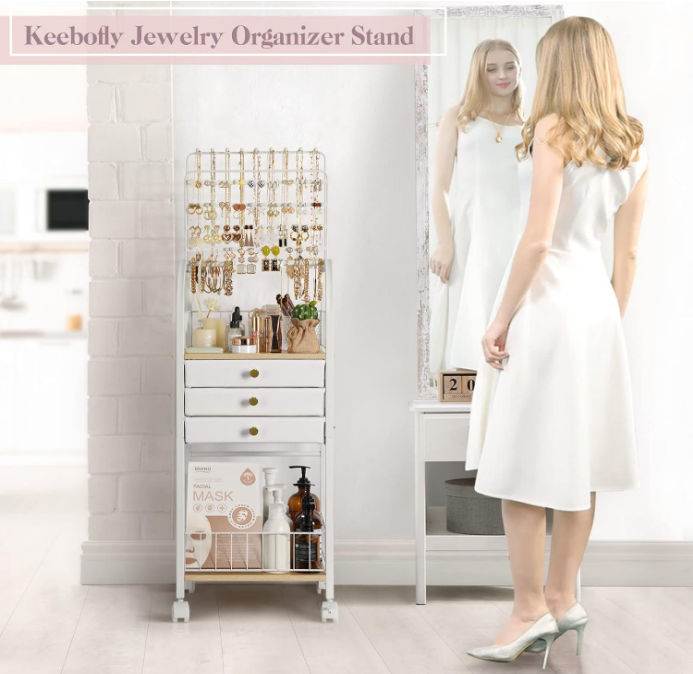 Jewelry Organizer, Large Jewelry Stand with 3 Jewelry Box Drawer, Jewelry Holder Necklace Organizer Earring Storage Jewelry Armoire with Display for Earring Necklace Ring Bracelet