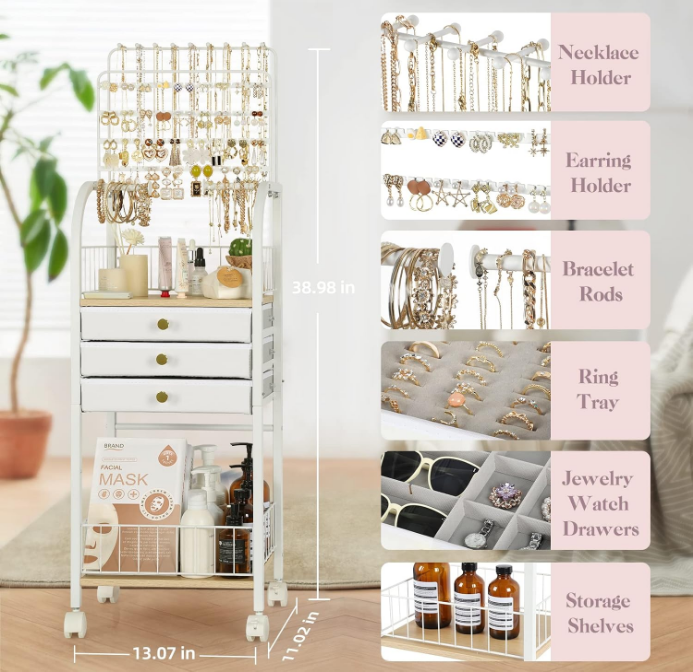 Jewelry Organizer, Large Jewelry Stand with 3 Jewelry Box Drawer, Jewelry Holder Necklace Organizer Earring Storage Jewelry Armoire with Display for Earring Necklace Ring Bracelet