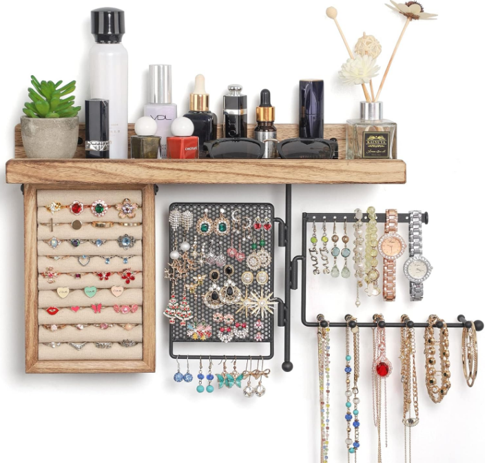 Hanging Jewelry Organizer Wall Mount with Rustic Wood Shelf, Ring Display Box, Ear Studs Earring Holder, Rotating Necklace Holder Organizer