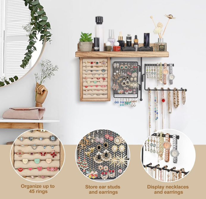 Hanging Jewelry Organizer Wall Mount with Rustic Wood Shelf, Ring Display Box, Ear Studs Earring Holder, Rotating Necklace Holder Organizer