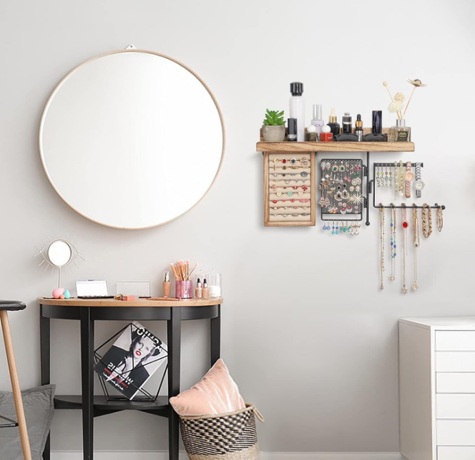 Hanging Jewelry Organizer Wall Mount with Rustic Wood Shelf, Ring Display Box, Ear Studs Earring Holder, Rotating Necklace Holder Organizer