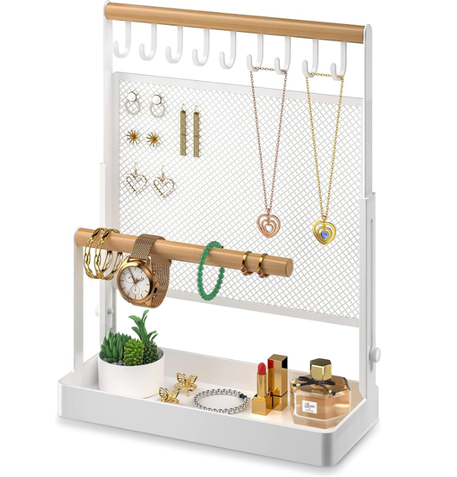 Jewelry Organizer Stand, Liftable Necklace Holder with Earring Organizer Net, 9 Hooks Necklaces Storage Wooden Handing Bar for Bracelets Watches Rings (White)