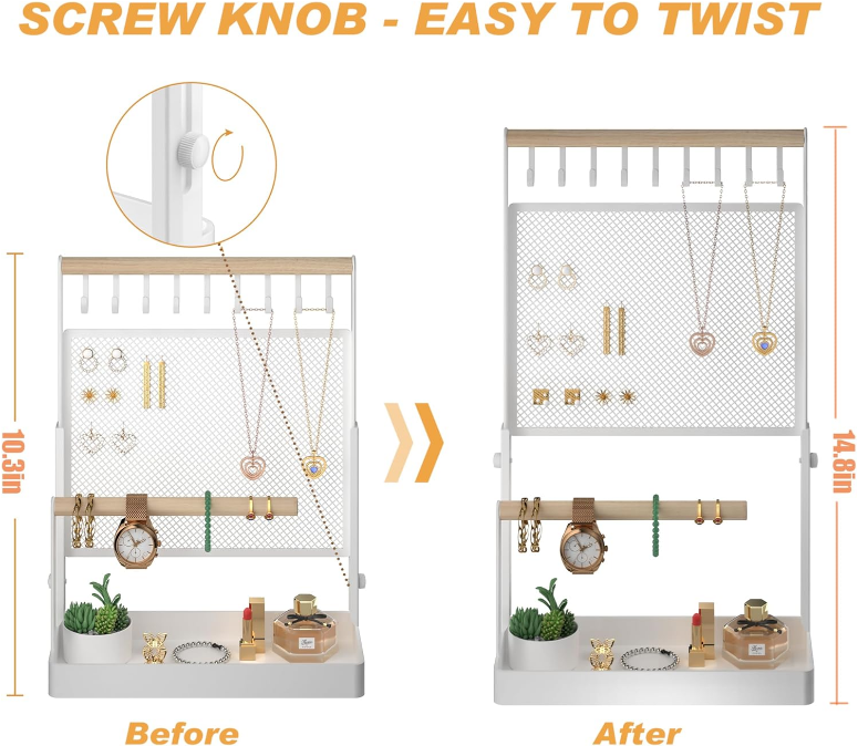 Jewelry Organizer Stand, Liftable Necklace Holder with Earring Organizer Net, 9 Hooks Necklaces Storage Wooden Handing Bar for Bracelets Watches Rings (White)