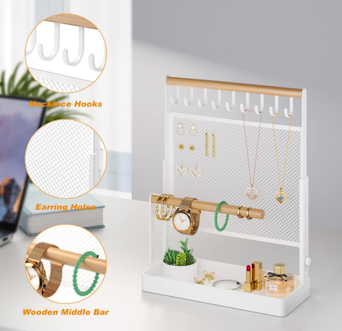 Jewelry Organizer Stand, Liftable Necklace Holder with Earring Organizer Net, 9 Hooks Necklaces Storage Wooden Handing Bar for Bracelets Watches Rings (White)