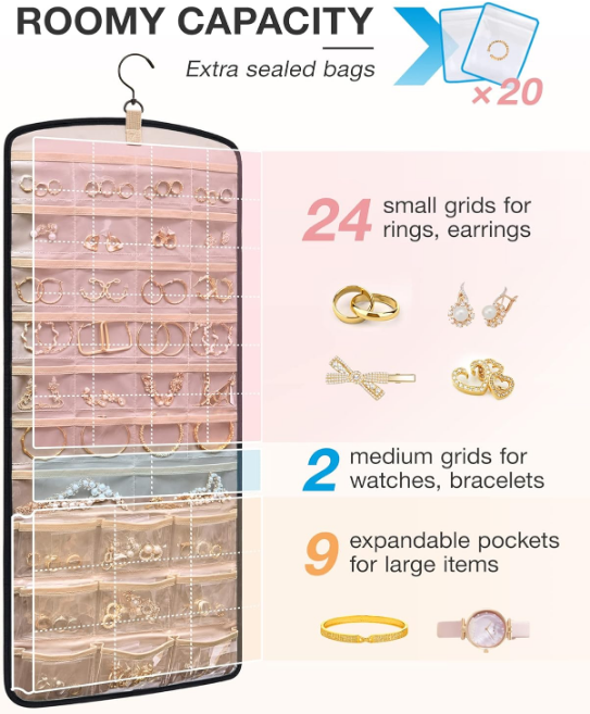 Hanging Jewelry Organizer, Necklace Holder Anti-tangle Earrings Rings Hanger with 20 Jewelry Bags Travel Storage Roll with Pockets Hang on Closet, Wall, Door,1 Piece, Large, Black