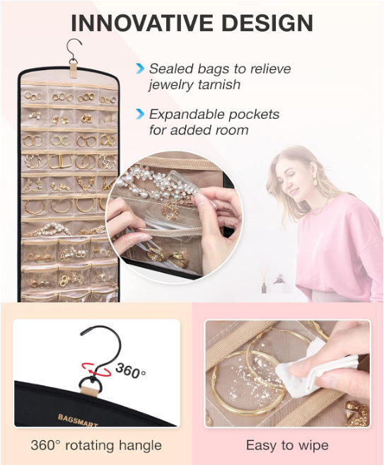 Hanging Jewelry Organizer, Necklace Holder Anti-tangle Earrings Rings Hanger with 20 Jewelry Bags Travel Storage Roll with Pockets Hang on Closet, Wall, Door,1 Piece, Large, Black