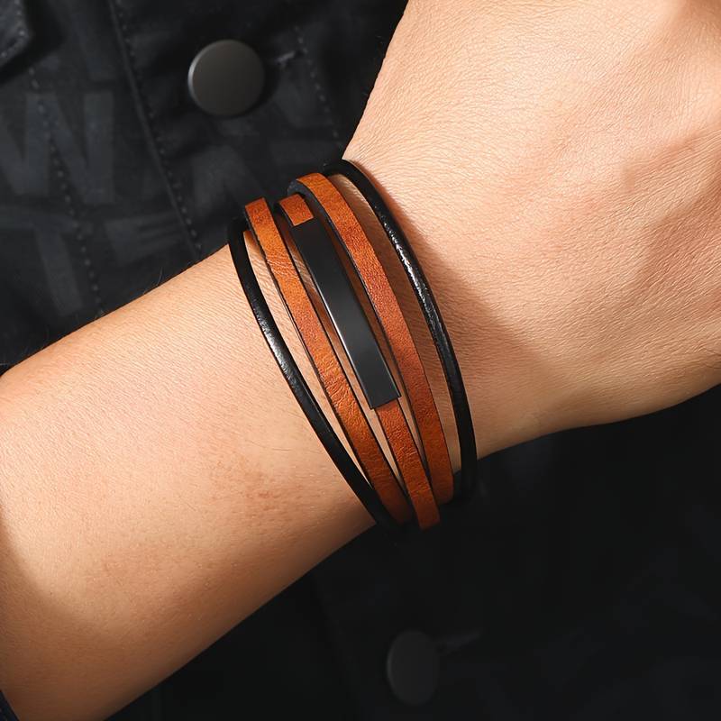 masculine men's multi-layer magnet buckle leather bracelet