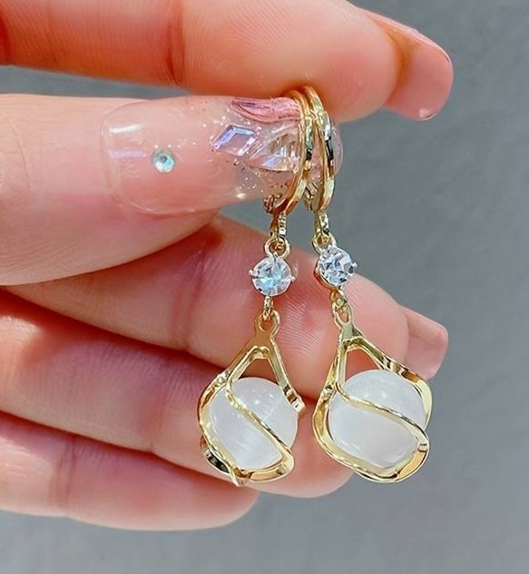 Moonstone Bead Shiny Rhinestone Dangle Earrings