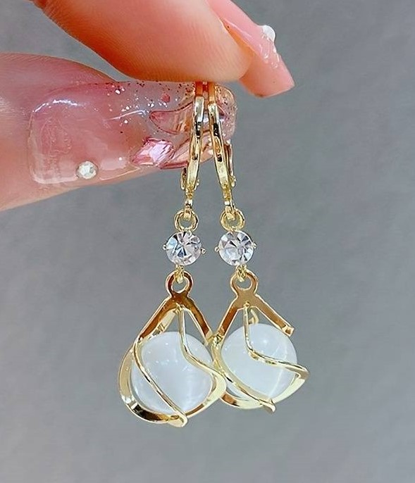 Moonstone Bead Shiny Rhinestone Dangle Earrings