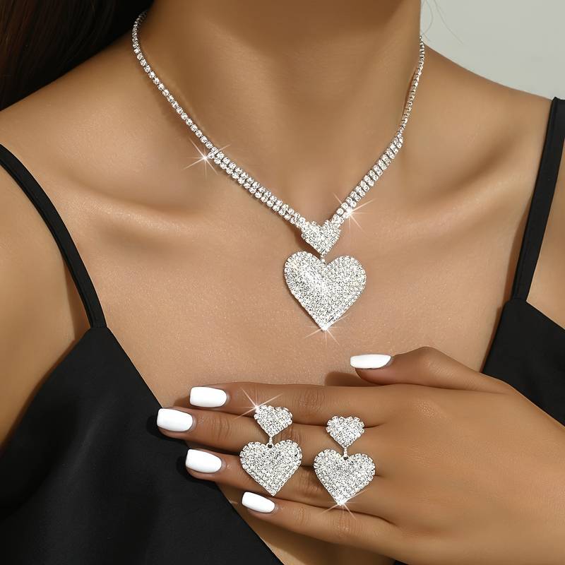 Glamorous Heart-Shaped Rhinestone Jewellery Set - Sparkling Pendant Necklace & Earrings For Weddings, Parties, Jewellery Sets For Women