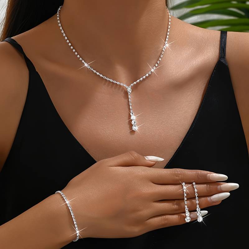 Pair Dangle Earrings +1 Pc Necklace With Shiny Round Tassel Pendant Copper Jewellery Set Rhinestones