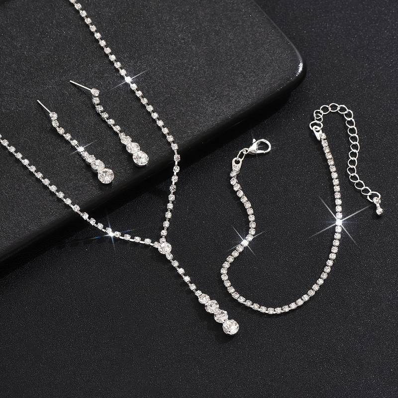 Pair Dangle Earrings +1 Pc Necklace With Shiny Round Tassel Pendant Copper Jewellery Set Rhinestones