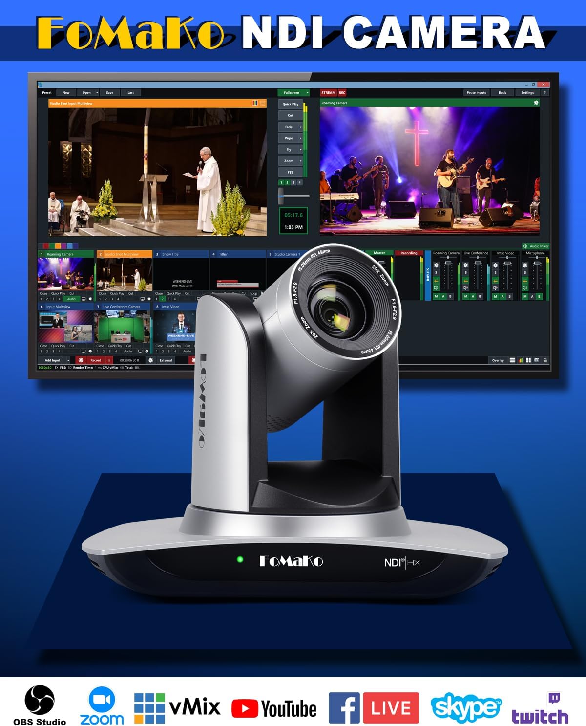 FoMaKo NDI Camera AI Auto Tracking HDMI PTZ Camera 20x Optical Zoom IP USB3.0 HDMI PTZ Camera for Church Services Worship Education, PoE 1080P60 FMK20UH NDI