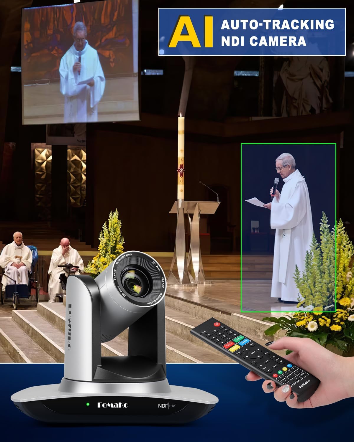 FoMaKo NDI Camera AI Auto Tracking HDMI PTZ Camera 20x Optical Zoom IP USB3.0 HDMI PTZ Camera for Church Services Worship Education, PoE 1080P60 FMK20UH NDI