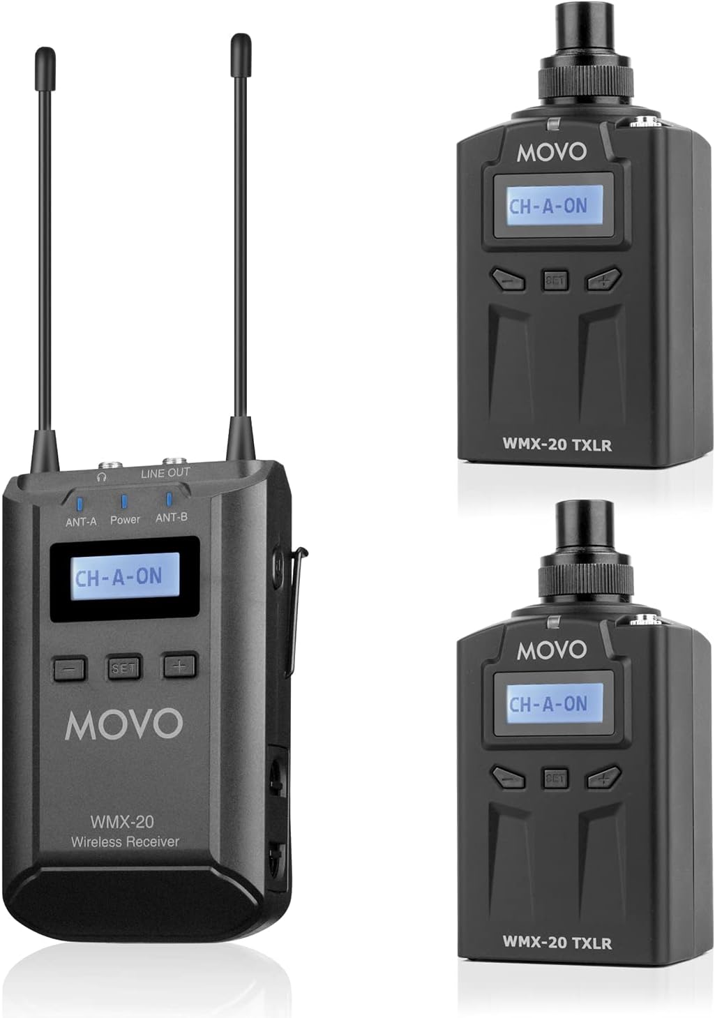 Movo WMX-20-RX-TXLR-DUO Wireless Microphone System with 2 Plug-on XLR Transmitter Adapters and Portable Receiver - Converts Shotgun Mics, Lavs, Dynamic Microphones to Wireless - for Stage, Film