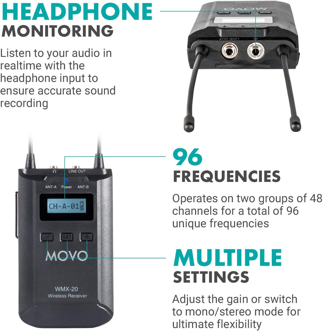 Movo WMX-20-RX-TXLR-DUO Wireless Microphone System with 2 Plug-on XLR Transmitter Adapters and Portable Receiver - Converts Shotgun Mics, Lavs, Dynamic Microphones to Wireless - for Stage, Film