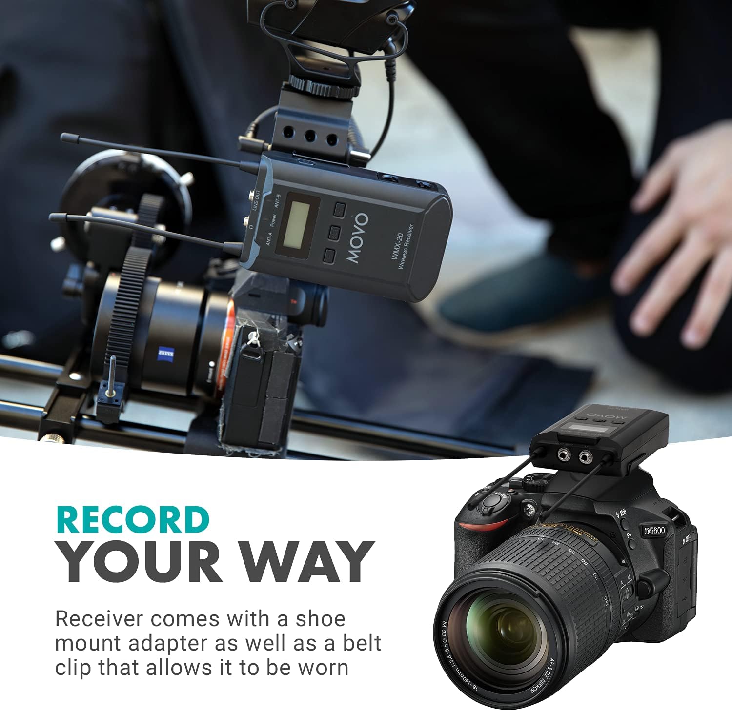 Movo WMX-20-RX-TXLR-DUO Wireless Microphone System with 2 Plug-on XLR Transmitter Adapters and Portable Receiver - Converts Shotgun Mics, Lavs, Dynamic Microphones to Wireless - for Stage, Film