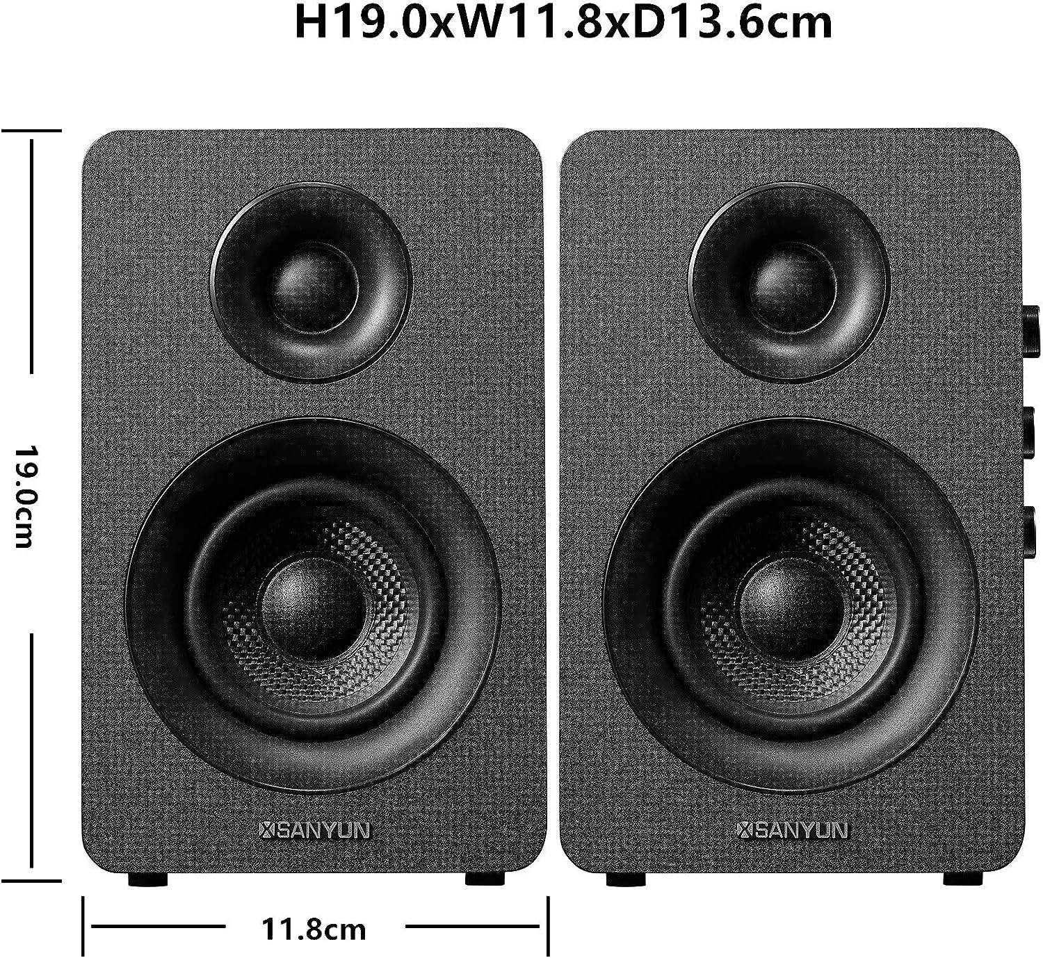 Sanyun SW208 3" Active Bluetooth 5.0 Bookshelf Speakers – 60W Carbon Fiber Speaker Unit - Built-in 24bit DAC - Dynamic 3D Surround Sound – 2.0 Computer PC Monitor Gaming Speakers (Pair, Black)