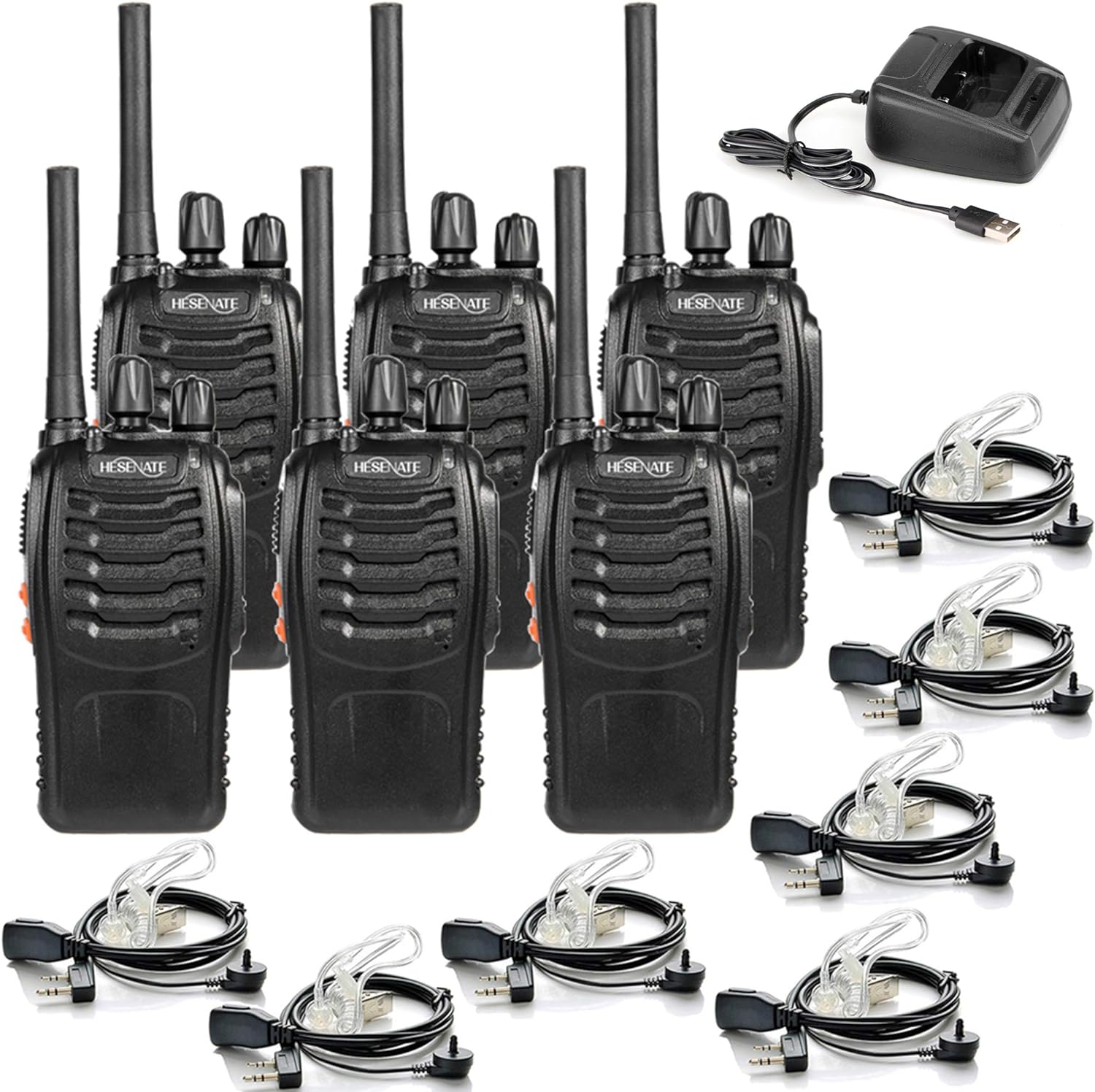 HESENATE HT-U666 Two Way Radio UHF 400-470MHz 16-Channel USB Rechargeable Professional Transceiver LED Flashlight Walkie Talkie (Pack of 6)