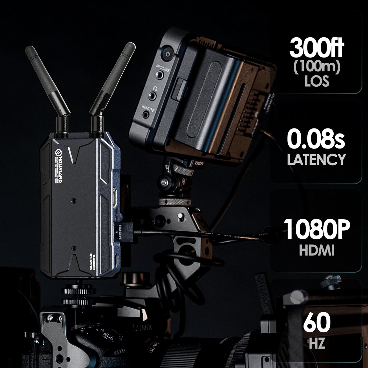 Hollyland Mars 300 PRO [Official] HDMI Loopout Wireless Video Transmitter and Receiver with 0.08S Low Latency, for Videographer Photographer Filmmaker Cinematographer(Enhanced)