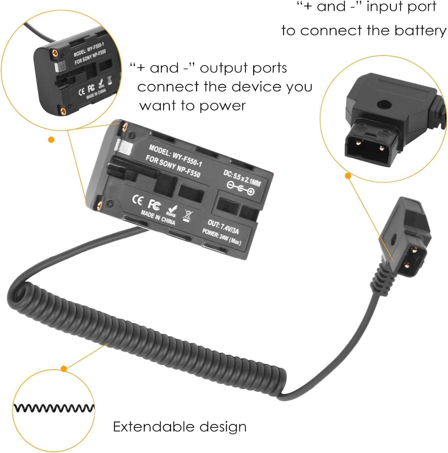 D-tap Coiled Power Cable to NP-F550 Dummy Battery Compatible with Sony NP-F550/770/570 NP-F970 Power LED Light Feelworld Atomos Ninja/Shinobi Monitor for V Mount Battery